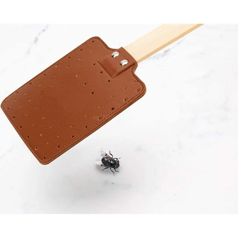 Leather Fly Swatter Fly Swat Heavy Duty Insect Mos-quito Control Rustic Design with Long Wooden Handle