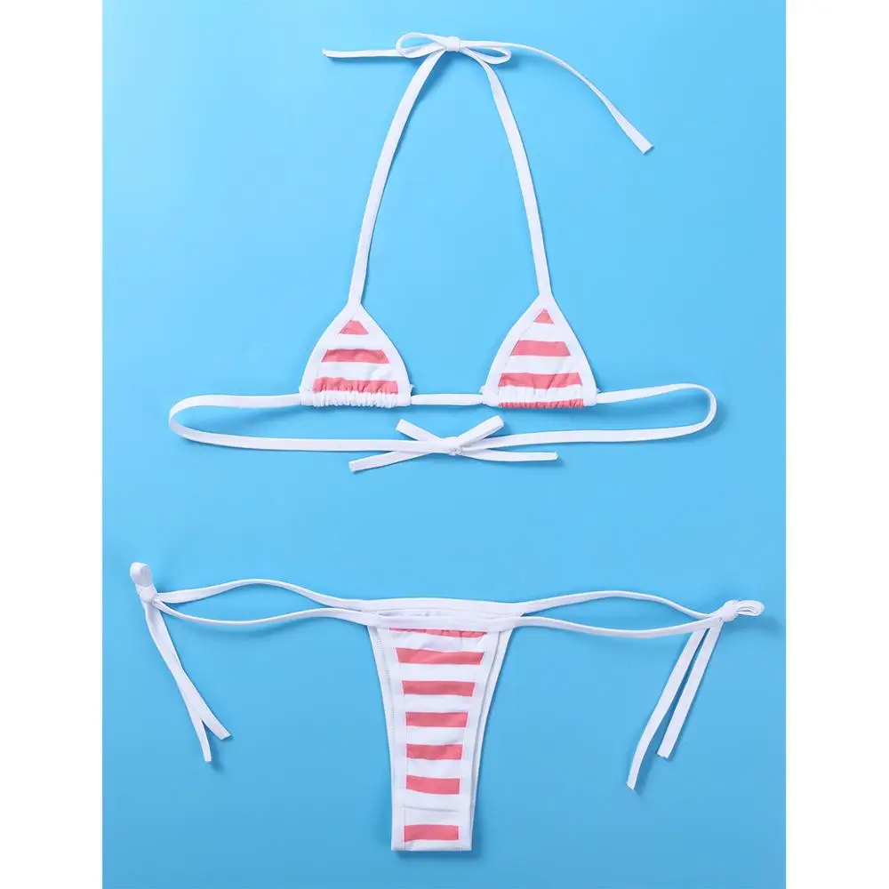 Ensemble de bikini de style kawaii pour femmes, mini bikini à pois ou à rayures, sous-vêtements, soutien-gorge à col licou, haut avec slip