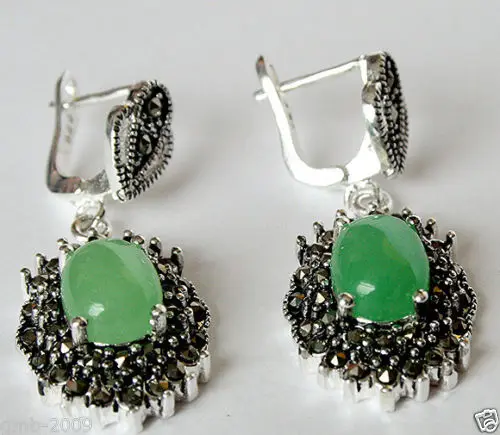 New Pair Natural Green Quartzite stone 925 Sterling Silver Marcasite Dangle Earrings