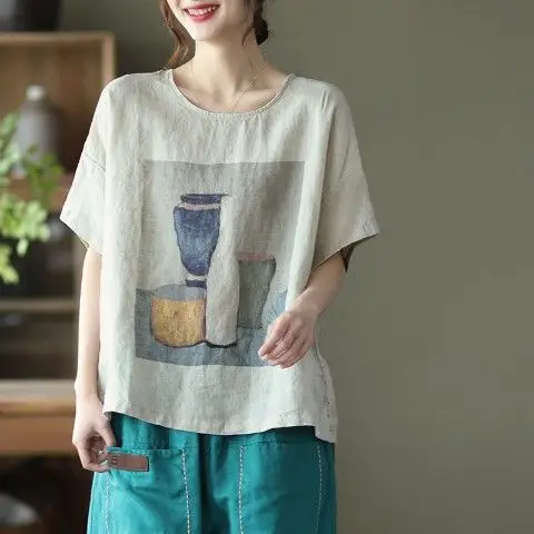 Vintage Clothes Cotton Linen Shirt Women Elegant Blouse Short Sleeve Summer Ladies Tops Loose Casual