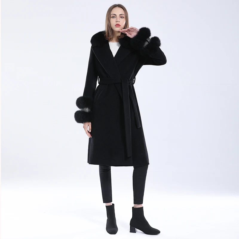 

2021 autumn new woolen coat long fox fur collar black wool coat autumn long-sleeved slim women's lightweight coat