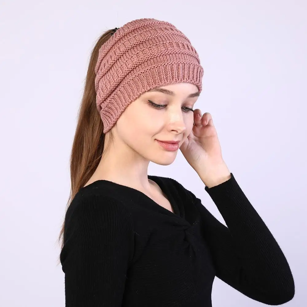 hats for women knitted hat cotton winter beanies with ponytails black knit fleece pink Autumn Solid Color ladies cap