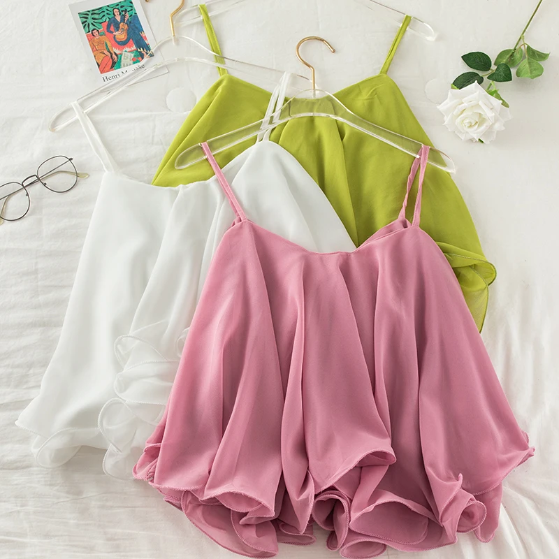 Women Summer Halter Strap Sleeveless Pleated Chiffon Basic Ruffles Shirt Lady Sexy Short Elastic Slim Pullover Chic Blouse Tops