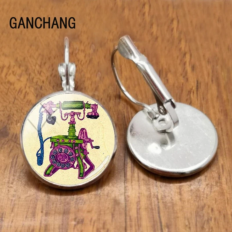New Fashion Vintage Telephone Stud Earring Handmade Glass Dome Retro Telephone Dial Classic Jewelry Round Earrings