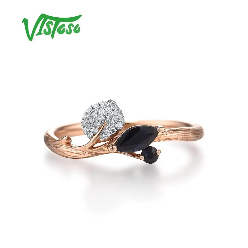 VISTOSO Pure 14K 585 Rose Gold Ring For Women Ring shining Diamond Blue Sapphire Luxury Wedding Engagement Elegant Fine Jewelry