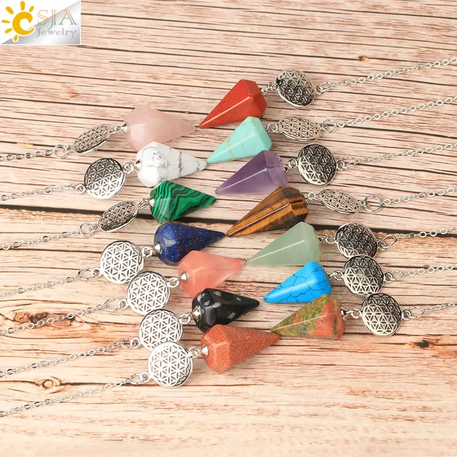 

Spiritual Crystal Pendulos Natural Stone Cone Witch Pendulum for Divination Pendant Flower of Life Pendule Radiesthesia G733