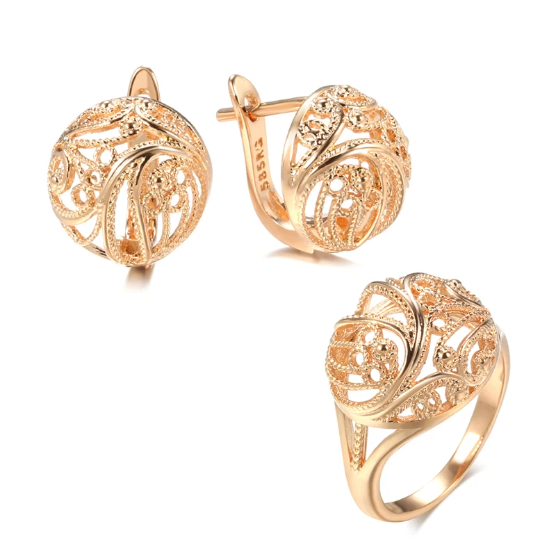 Kinel Hot Trendy Unique Women Earring Ring Sets 585 Rose Gold Hollow Pattern Fashion Earring Ethnic Bride Wedding Jewelry Set