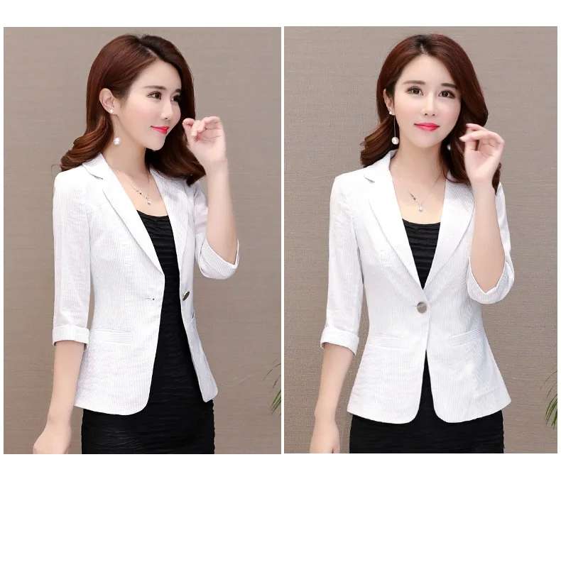 Elegant Women's Stripe 3/4 Sleeve Suit Jacket 2026 Spring Summer Thin Slim Outwear Single Button Female Office Blazer Coat Tops