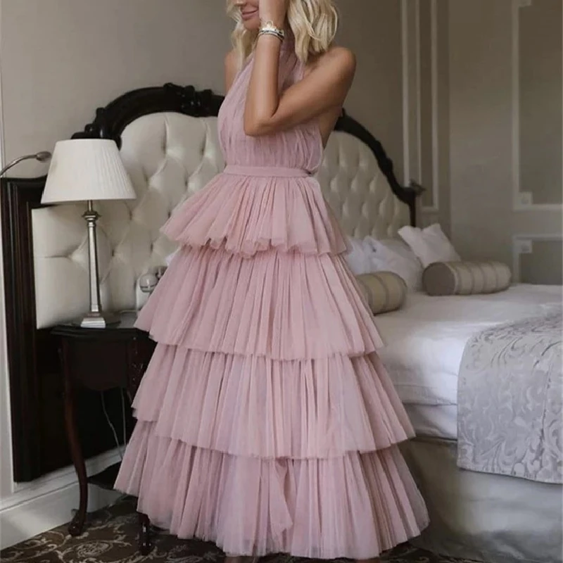 Sweet Tea-Length suknie wieczorowe 2021-line wielowarstwowa Halter bez rękawów bez rękawów zakładka Tulle eleganckie suknie na przyjęcie dla kobiet