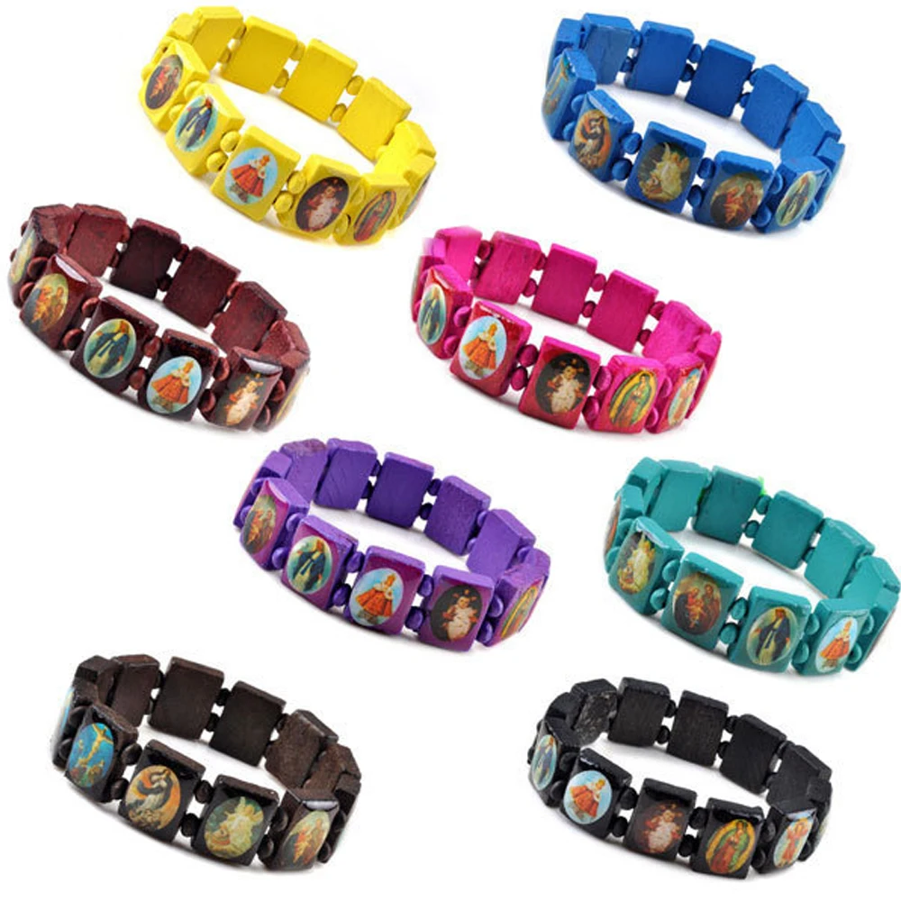 Wholesale 16Pcs/lot Multicolor Jesus Wood Bracelets Women Men Colorful Wooden Saints Rosary Religious For Best Friends Gift