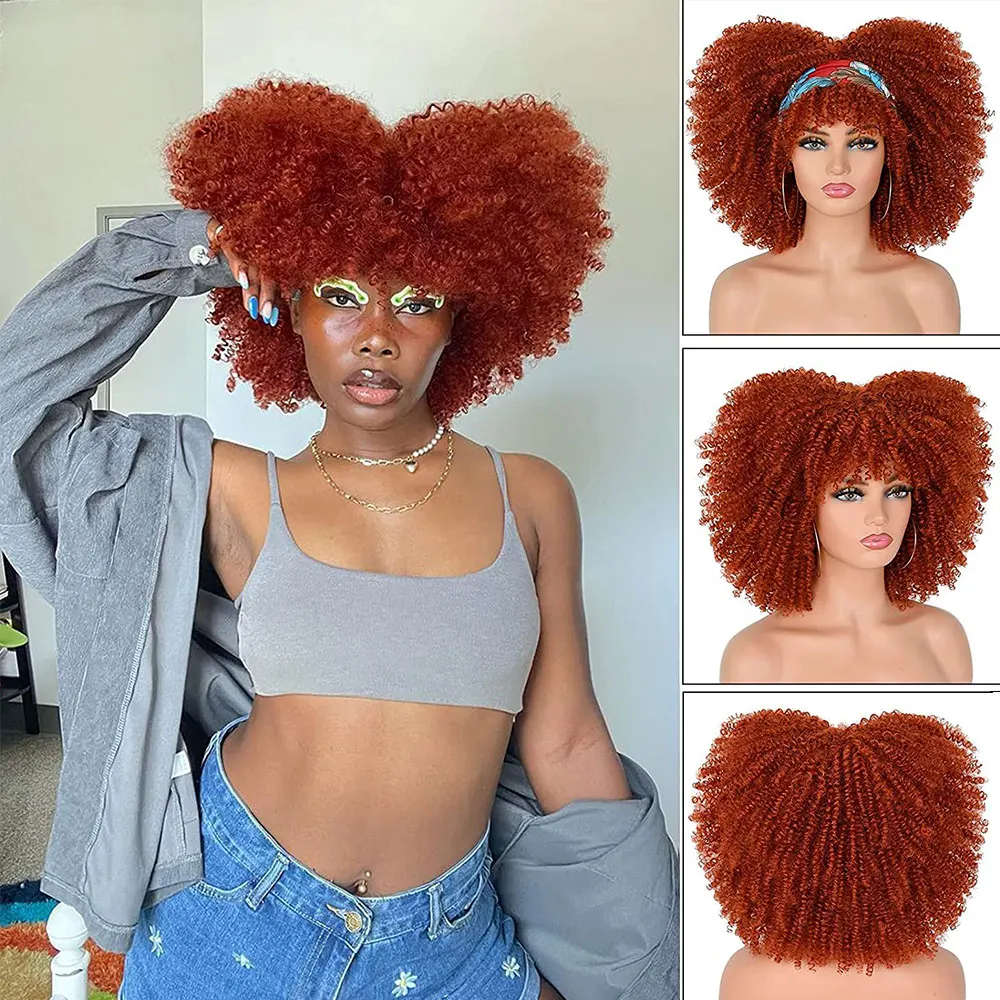 Short Hair Afro Kinky Curly Wigs With Bangs For Black Women African Synthetic Ombre Cosplay Brown Blonde Wigs CurlCoo