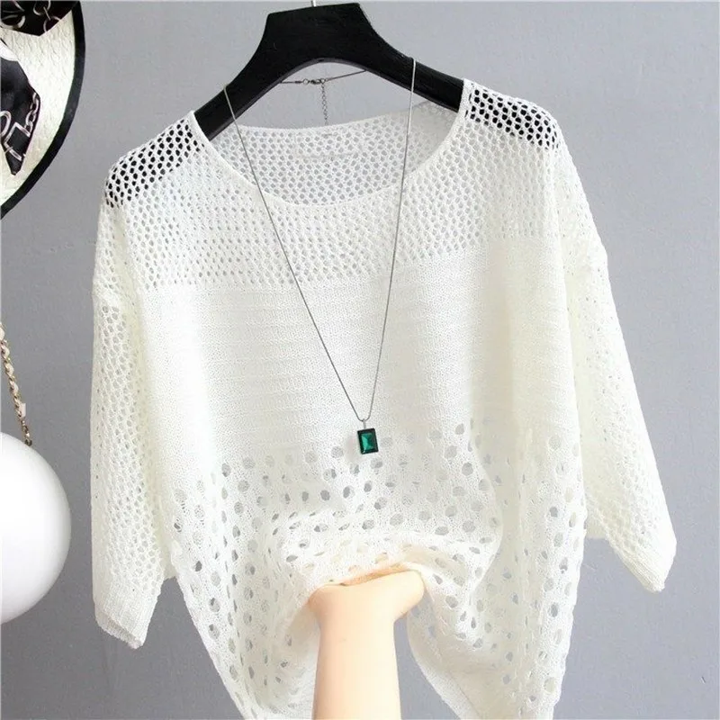 2023 Leisure White Hollow Out Mesh Top Women Thin Knitted Pullover Loose Summer Air Conditioning knitwear Pull Femme Tide H1451