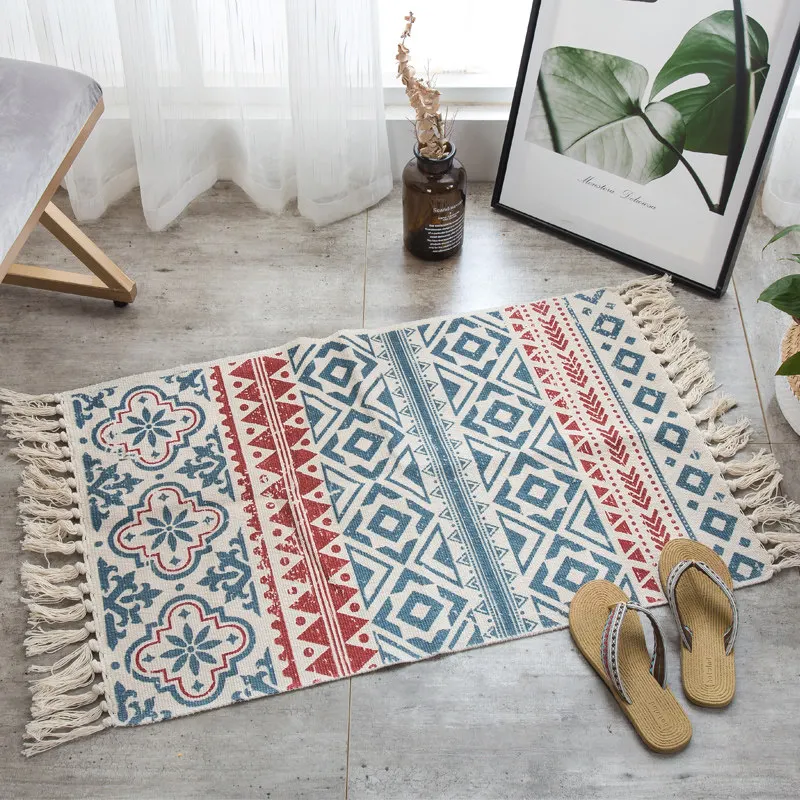 

Cotton Thread Rug Handmade Weave Bohemia Tassel Geometric Carpet Kitchen Door Floor Bedding Mats Retro Warm Home Decorations