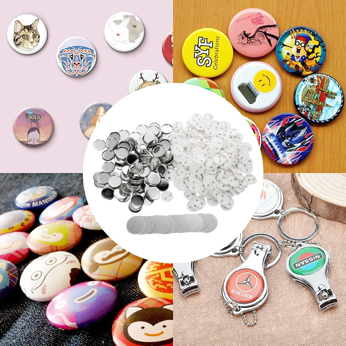 أجزاء صانع زر شارة فارغة ، 25/32/37/44/50/56/58/75 مللي متر لأجزاء مستلزمات آلة صانع الأزرار مجموعة شارات ذاتية الصنع 100/200 قطعة