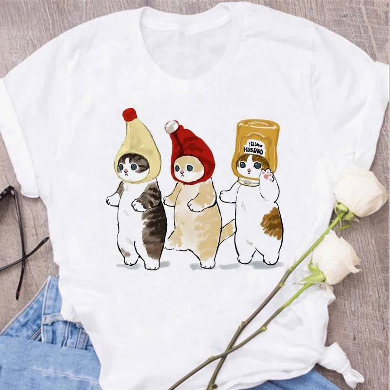 Cute Cats Printing Women T-shirts New Kawaii Women\'s Tshirt Fashion Women Clothing Funny Korean Style T-Shirts Shirts for Woman