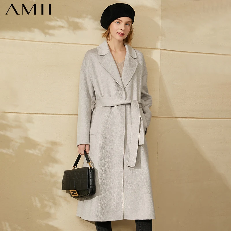 

Amii Minimalism Winter Coat Women Fashion Solid Lapel 100% wool Long Female Coat Water Ripple Double-sided Woolen Coat 12040648