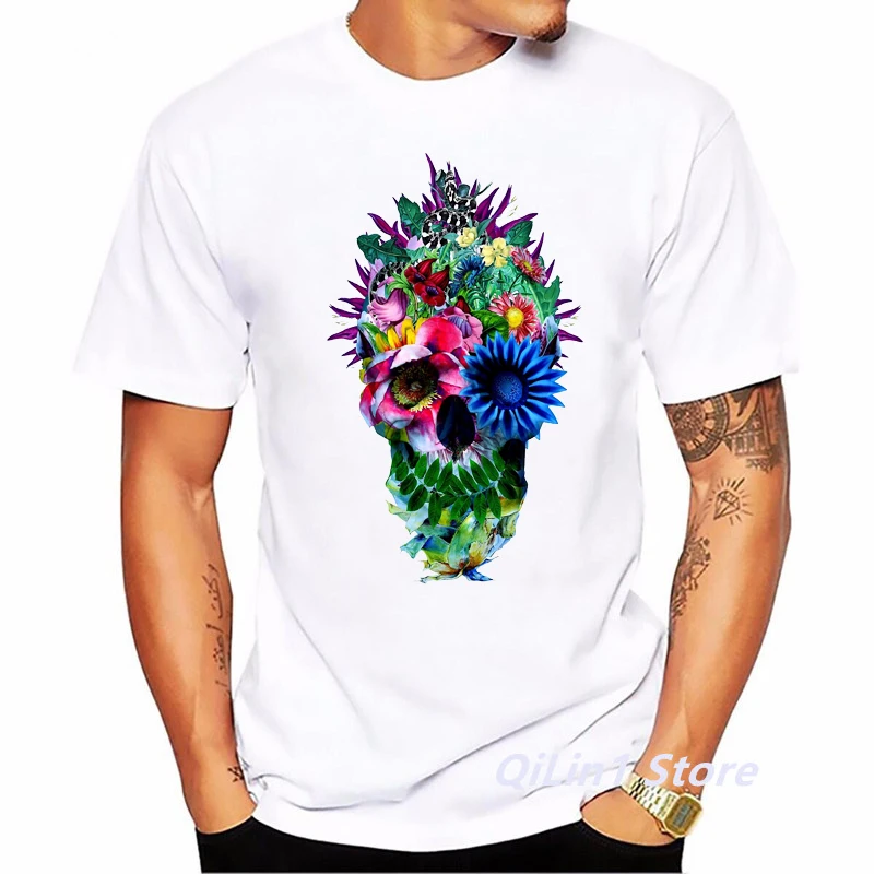 Men 2024 Summer Fashion Skull Flower Plant Print Short Sleeve Tshirt Male T-Shirt Homme Hip Hop T Shirt Geek Top Cool Streetwear