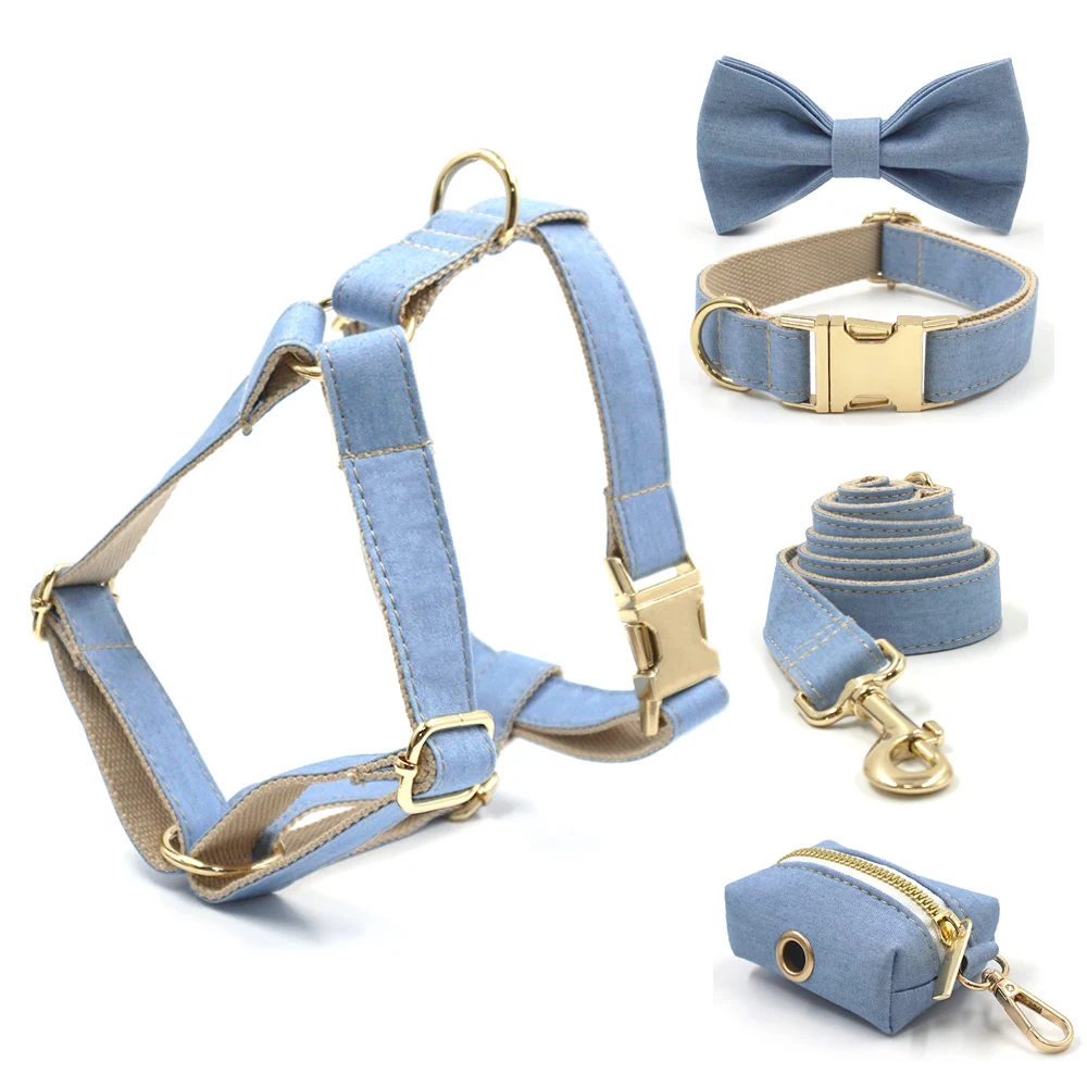 Light Blue Denim Dog Collar with Name Personalized Dog Collar and Leash Set for Small Medium Large Dogs Bowtie Dog Harness Girl