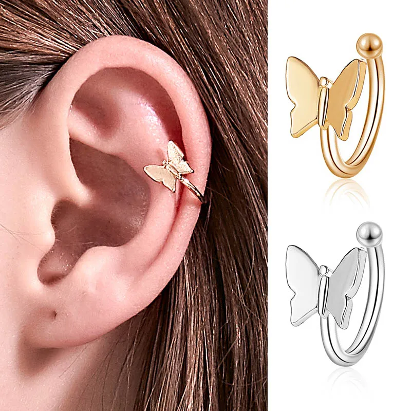 Glossy Surface Simple Butterfly Insect U-shape Golden Silver Plated Copper Ear Cuff Clip Earrings for Women