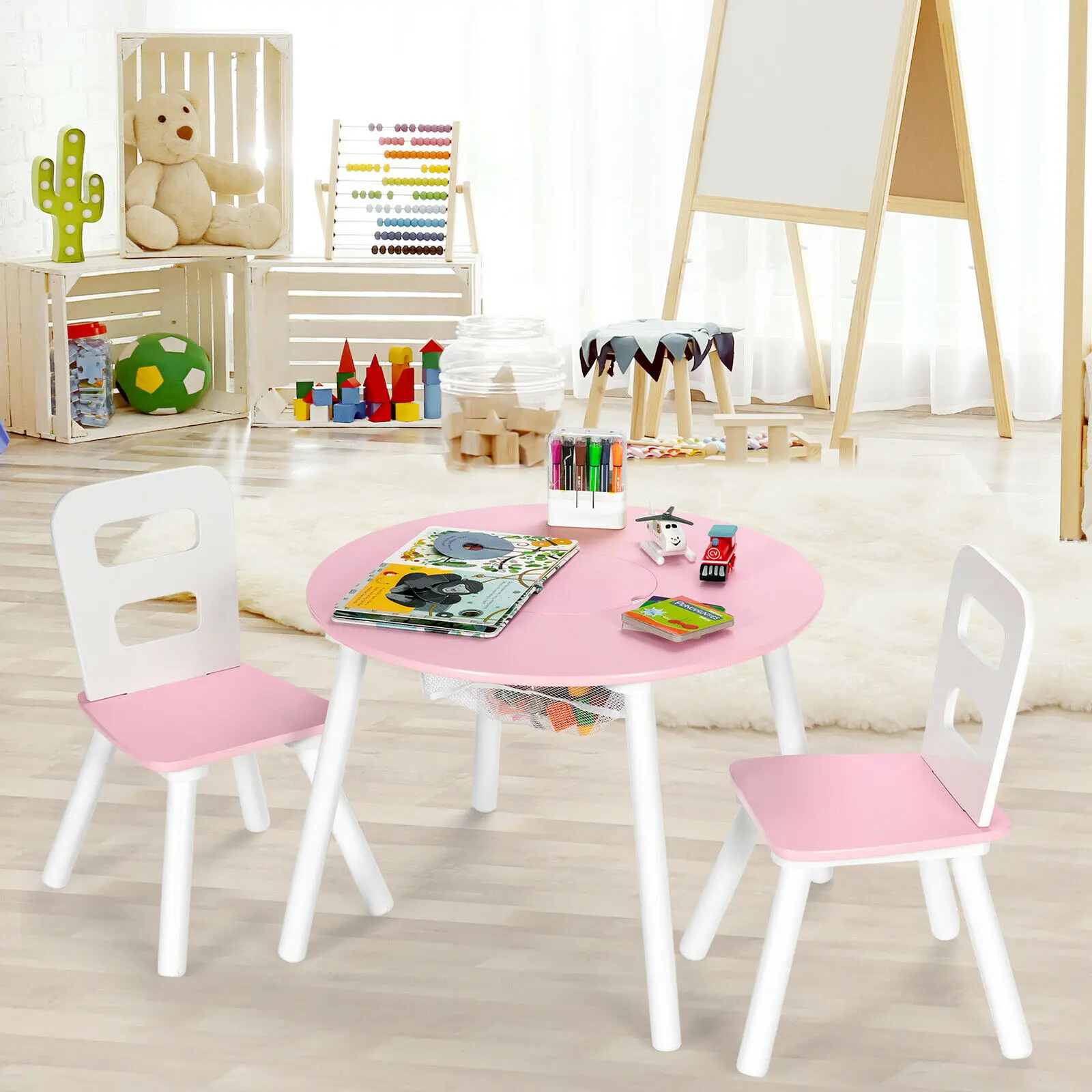 Babyjoy – ensemble Table ronde et 2 chaises en bois pour enfants, avec rangement central en maille, HW67056