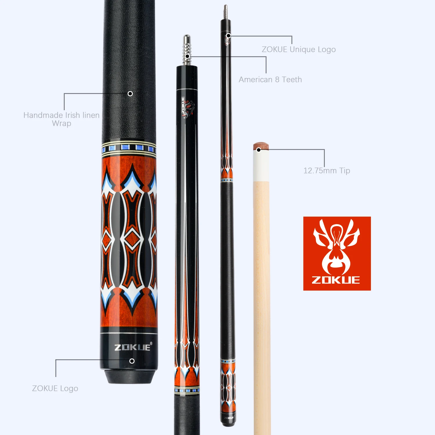 ZOKUE-Billiard Cue with Bolt for Tall Man, Radial Pin, Pool Cue Stick Featured Canadian Maple, 160cm, 12.75mm