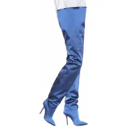 Sexy Thigh High Boots Satin Pointed-toe Stiletto Over-the-knee Boots Super High-heeled Long Pants, Trendy Women's Shoes Botas
