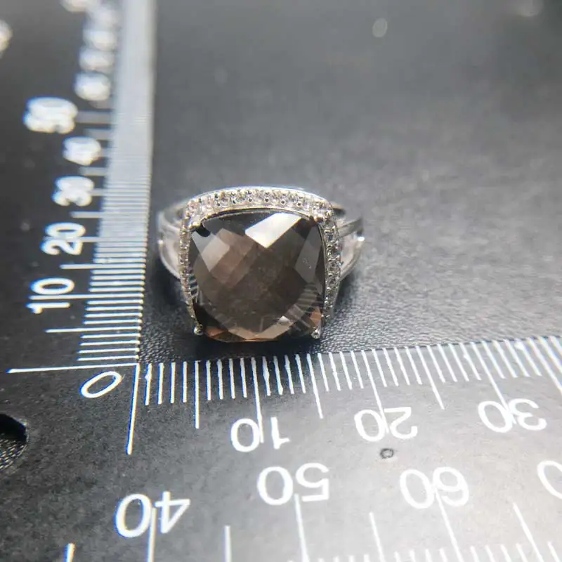 CSJ 100% Natural Smoky Quartz Rings Sterling 925 Silver Cushion Cut 12mm Fine Jewelry Women Femme Wedding Engagement Party Gift