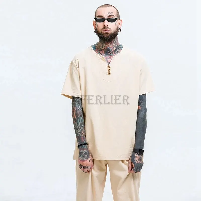 plus size 11XL 160kg summer men linen cotton t-shirts short sleeve Chinese style vintage tees oversize hkaki khaki mferlier blue