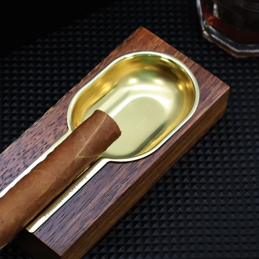 Wood Cigar Ashtray Gold Plated Smoke Portable Ashtray Tank Cedar Wood Ash Holder Living Room Travel Cigar Ash Tray CA-011