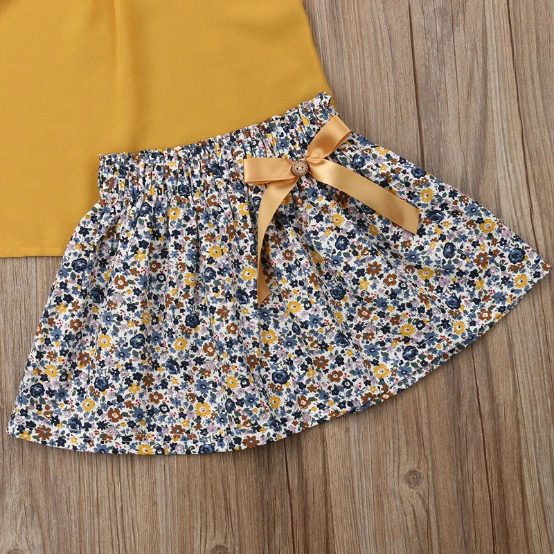 Summer Clothing Toddler Kid Baby Girl Clothes Set Yellow Chiffon Ruffle Tops+Floral Print Skirt Clothes 2pcs Outfits 1-5Y