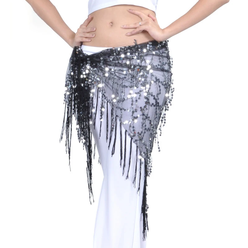 ใหม่ Belly Dance เอวโซ่หญิง Sequins พู่สามเหลี่ยมผ้าขนหนูสะโพกผ้าเช็ดตัวฝึกเครื่องแต่งกาย # PS042