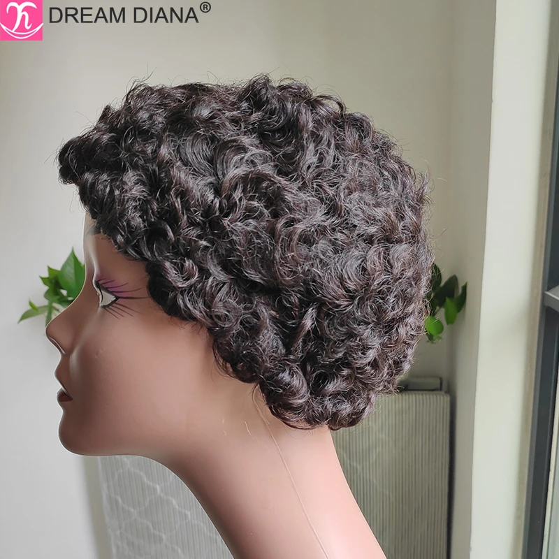 DreamDiana Malaysian Hair Wig Remy Short Natural Curly Glueless Human Wigs Pixie Cut Wig Ombre Short Machine Made Human Hair Wig