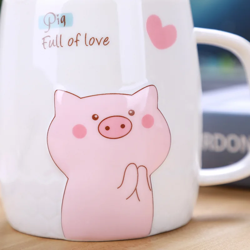 500mL Ceramics Cute Pig Mug with Lid Spoon Coffee Milk Tea Cup Water Drinking Glasses Tumbler Creative Gift Drinkware