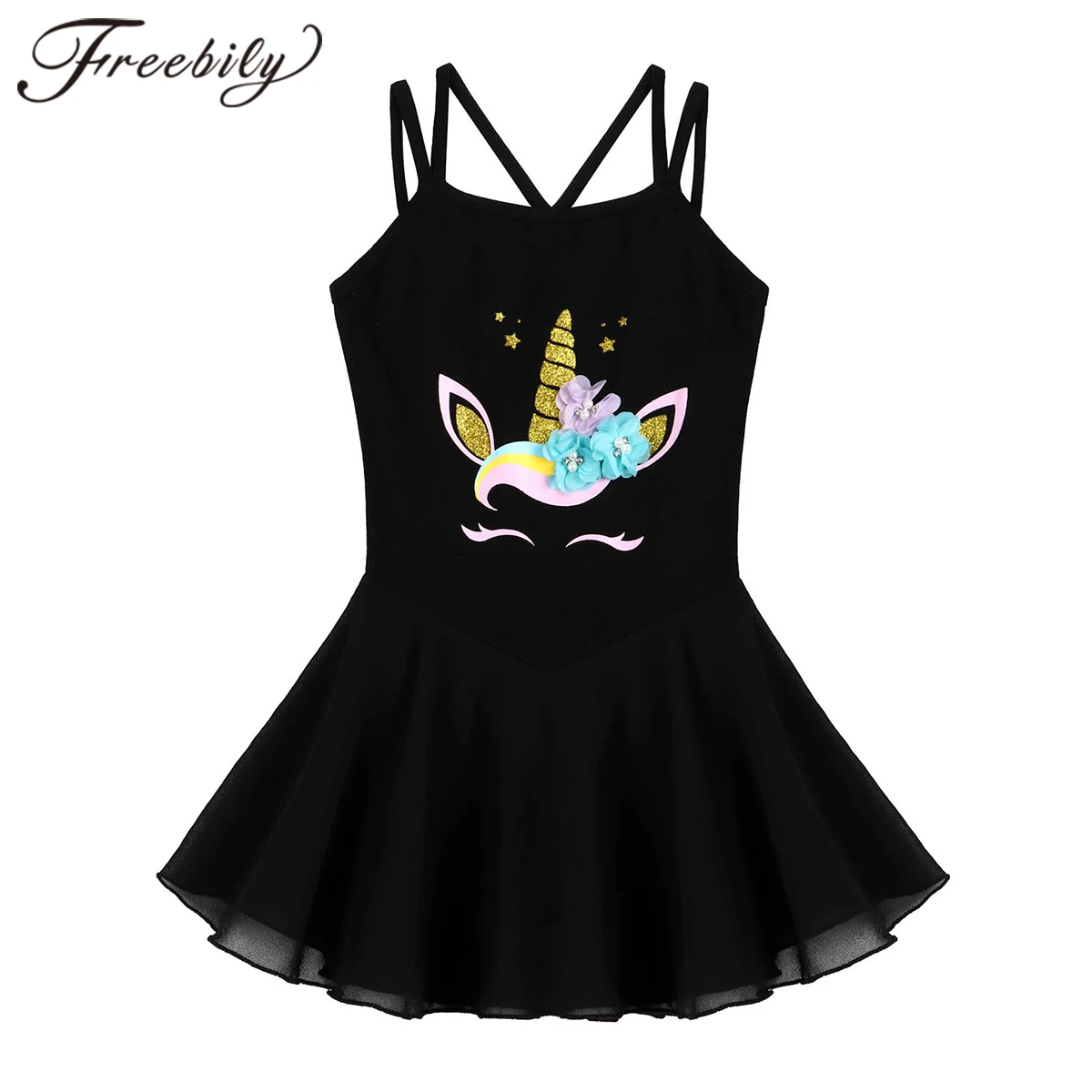 Girls Ballet Dress Kids Dancewear Sleeveless Cartoon Horse Print Dance Gymnastics Leotard Tutu Dress Stage Performance Costume