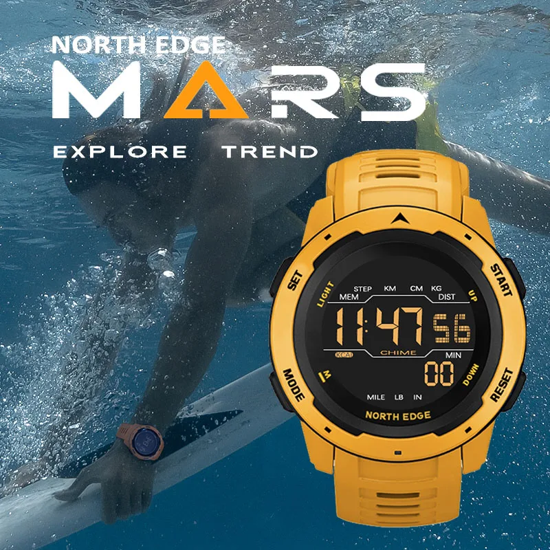 NORTH EDGE Mars Men Digital Watch Men\'s Military Sport Watches Waterproof 50M Pedometer Calories Stopwatch Hourly Alarm Clock