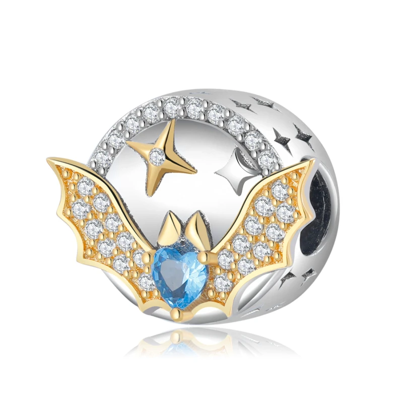 Sparkling Blue CZ Shining Bat Round Charm Beads for Jewelry Making 925 Sterling Silver Fit Original  Charms Bracelets