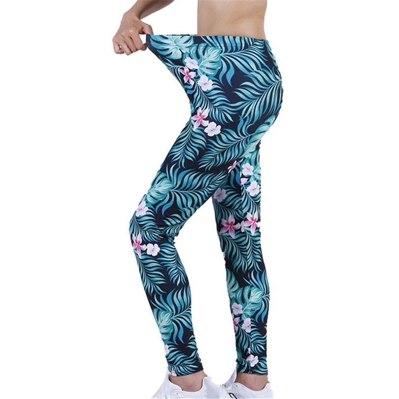 LJCUIYAO Sexy legginsy Push Up kobiety Fitness Tie barwnik wysokiej talii siłownia trening Sport Graffiti drukuj zielone liście szwy dół