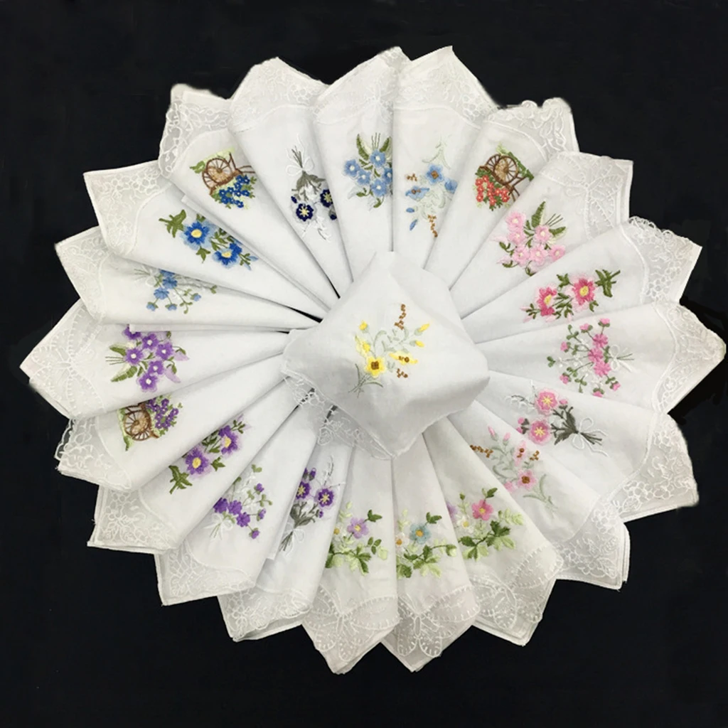 12 adet klasik pamuk güzel mendiller kadınlar yıkanabilir cep işlemeli dantel Hankie havlu Lot 28x28cm