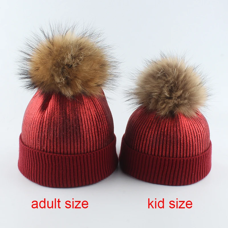 Wool Knitted Winter Hat For Kids Girls Boy Gold Silver Pink Black Metallic Print Beanie Real Fur Pompom Hat