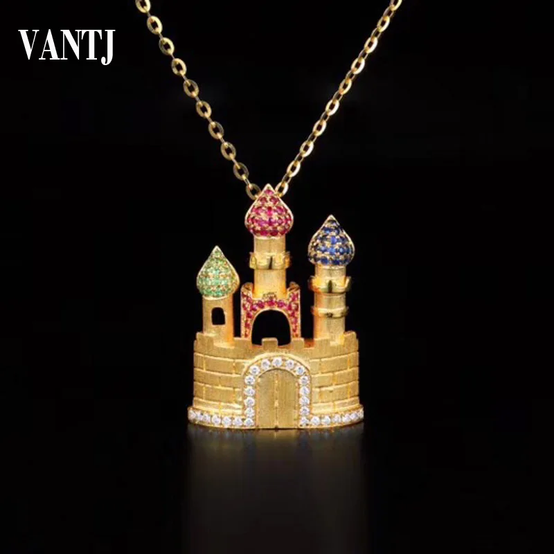 100%14k Gold Natural Emerald Castle Pendant  SterlingReal AU585 Necklace Ruby Fine Jewelry For Women Lady Party Wedding Gift Box