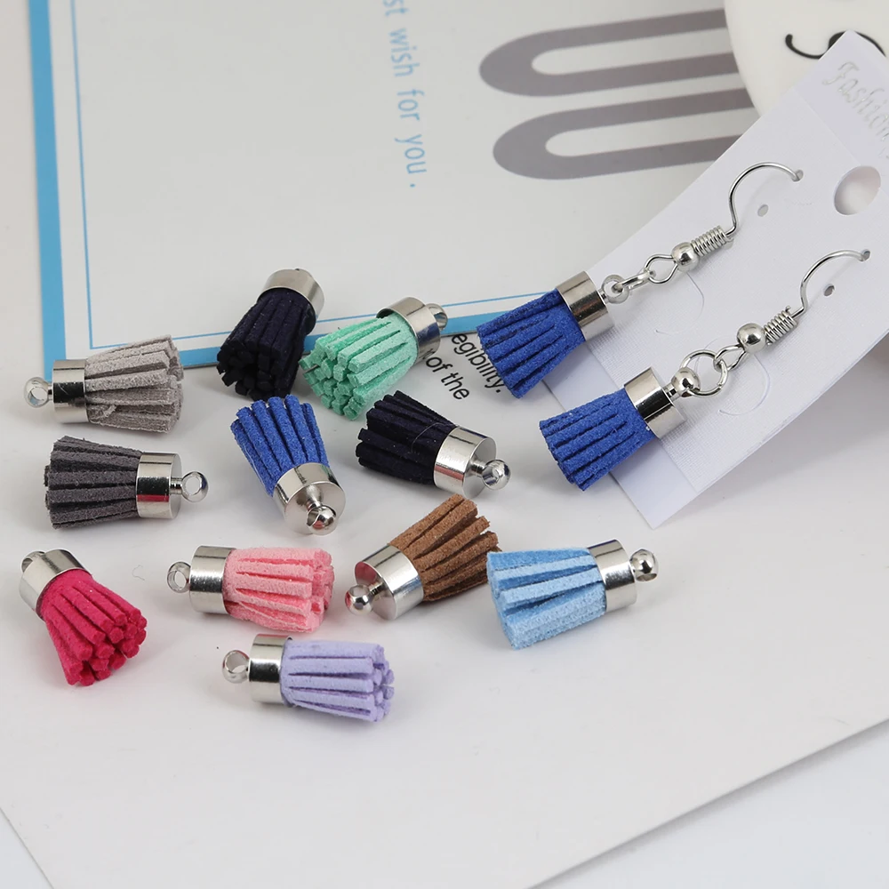 10Pcs 14 Colors 18mm Rhodium Bells Suede Faux Leather Small Tassel Charm Pendant For DIY Earring Necklace Keychain Accessories