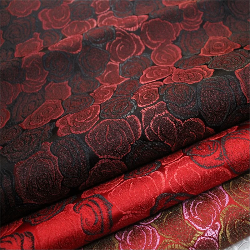 

CF1062 Damask Silk Satin Brocade Jacquard Cotton Fabric, DIY Sewing Material, Home Textile,Black and Red Roses