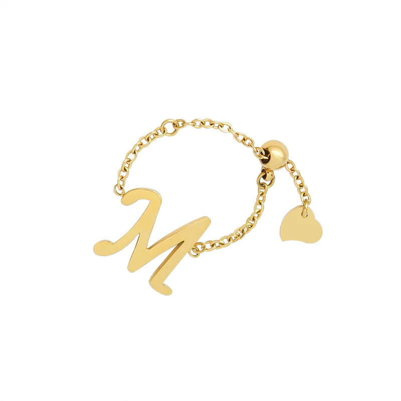 New Personality 316L Stainless Steel Pull Chain M Letter Ring Female Gold Plated Adjustable Ring for Women Girls Jewelry