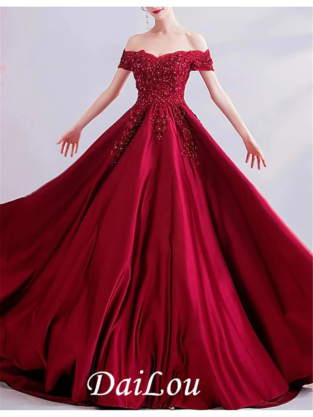 A-Line Sexy Engagement Formal Evening Dress Off Shoulder Short Sleeve Lace Satin with Pleats Beading 2022