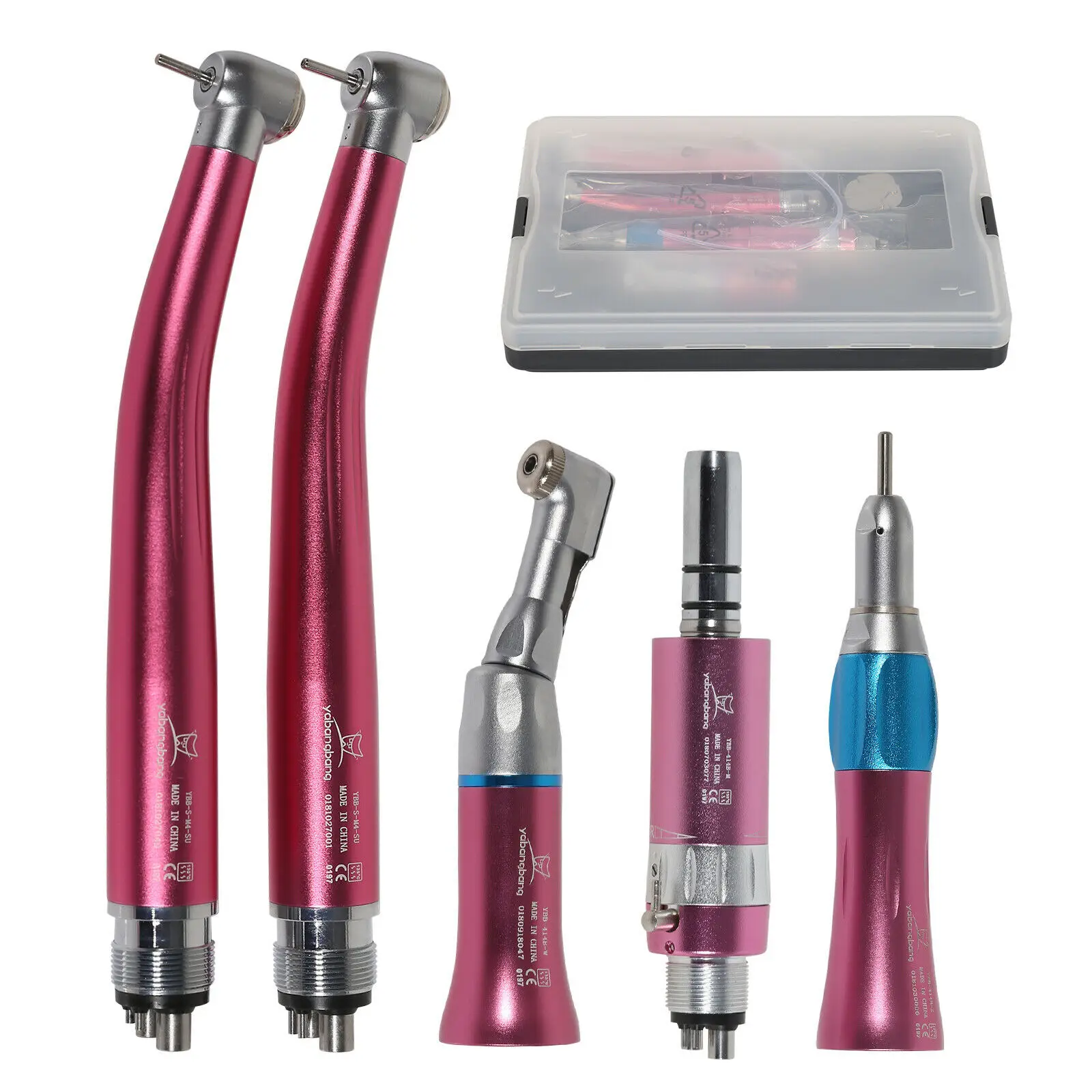 2*NSK Style Dental High Speed Handpiece +1*Low Speed Straight Contra Angle Handpiece Kit E-Type Air Motor 4Holes Pink Color