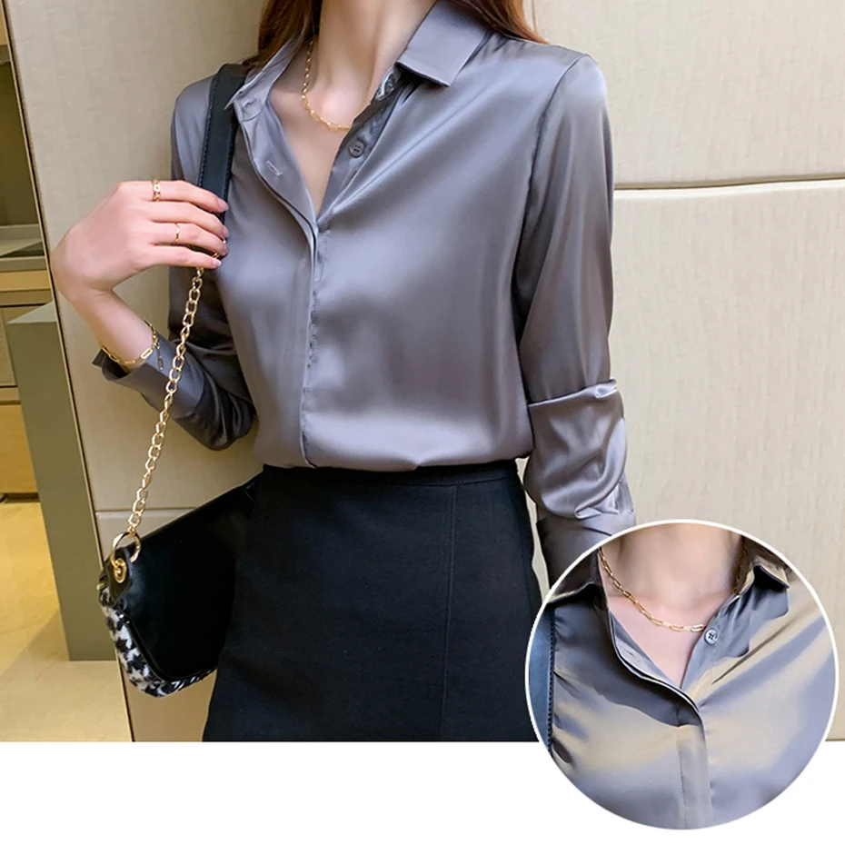 QOERLIN Silk Women\'s Shirt Long Sleeve Satin Fashion Woman Blouse 2023 Female Shirts Basic Ladies Tops OL  Women Clothing S-XXL