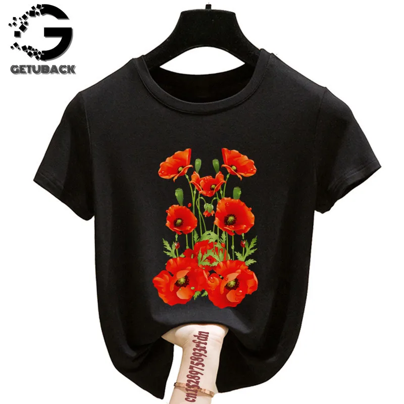 Camiseta con estampado de flores rojas y negras para mujer, Tops góticos de manga corta con gráfico Harajuku Y2K de los 90, ropa femenina, envío directo