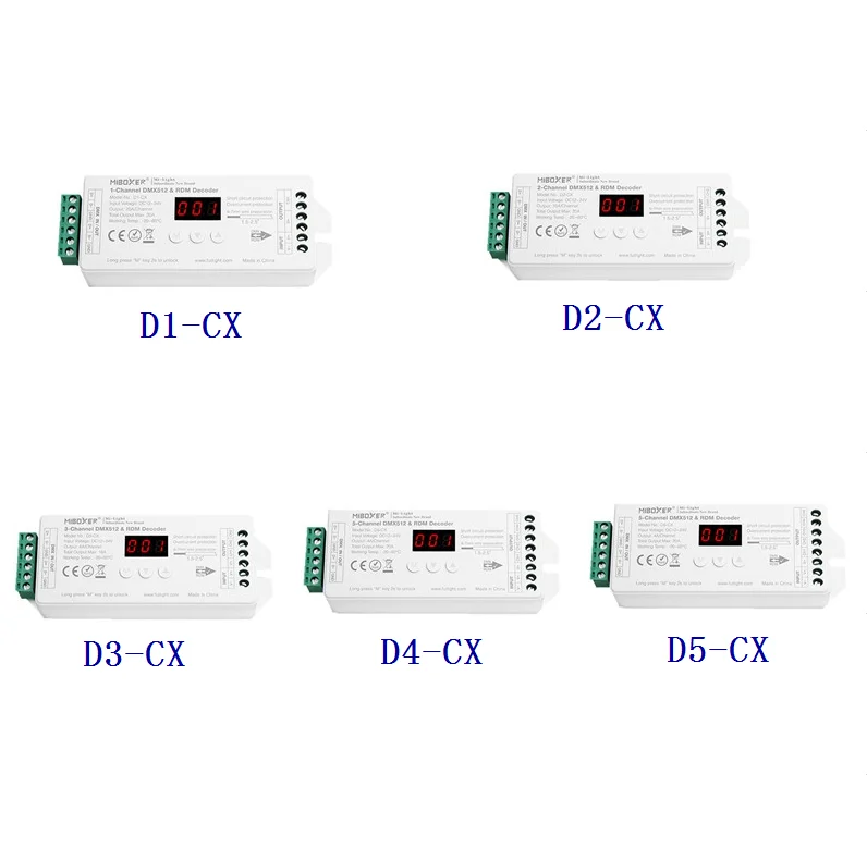 

MIBOXER D1-CX D2-CX D3-CX D4-CX D5-CX 1 2 3 4 5 Channel DMX512 RDM Decoder Single Color RGB RGBW RGB+CCT; for LED light DC12-24V