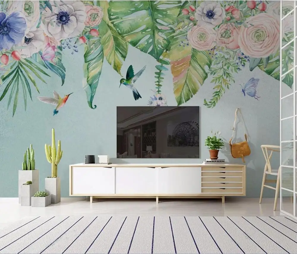 

XUE SU Custom large murals / wallpapers / Nordic small fresh hand-painted tropical plants flowers background wall covering