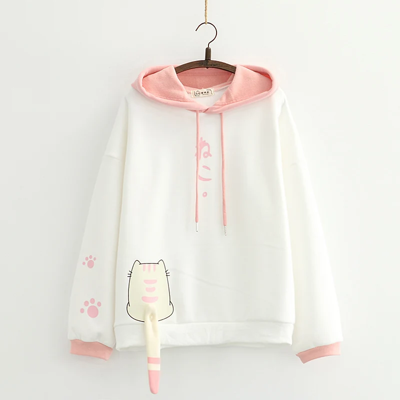 Kawaii Anime Women Pink Hoodies Teens Winter Fleece Warm Soft Girl Cute Cat Tail White Hooded Sweatshirt Female Pullover 2020